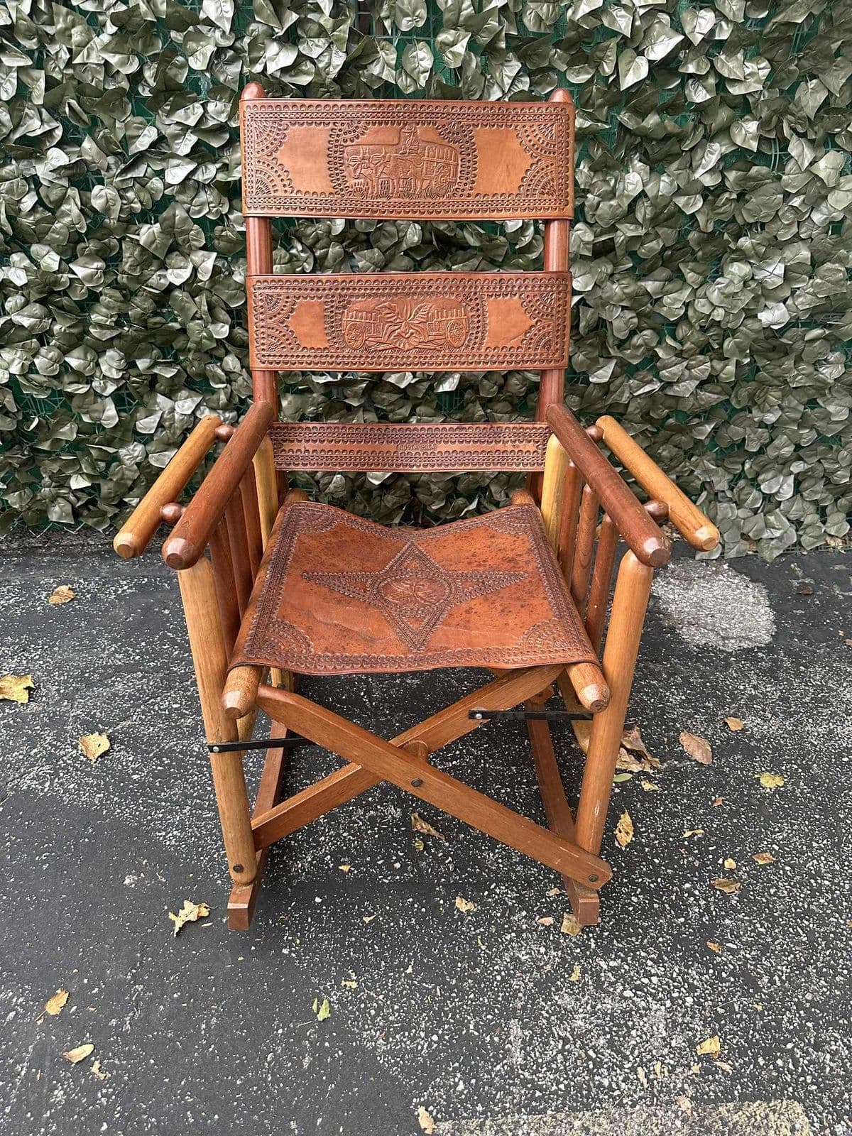 Late 20th Century Costa Rican Vintage Teak and Embossed Leather Folding Rocking Chairs - A Pair - Thumbnail 4