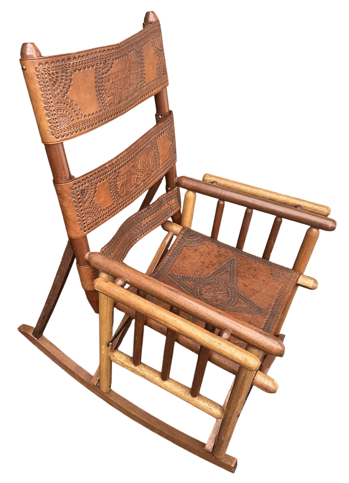 Late 20th Century Costa Rican Vintage Teak and Embossed Leather Folding Rocking Chairs - A Pair - Thumbnail 5