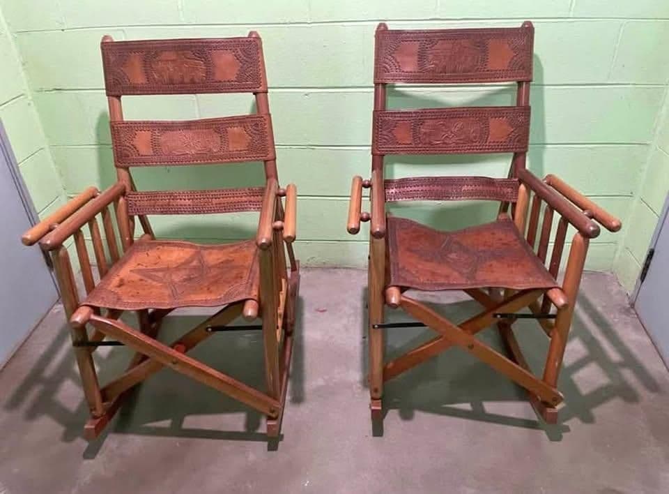 Late 20th Century Costa Rican Vintage Teak and Embossed Leather Folding Rocking Chairs - A Pair - Thumbnail 9