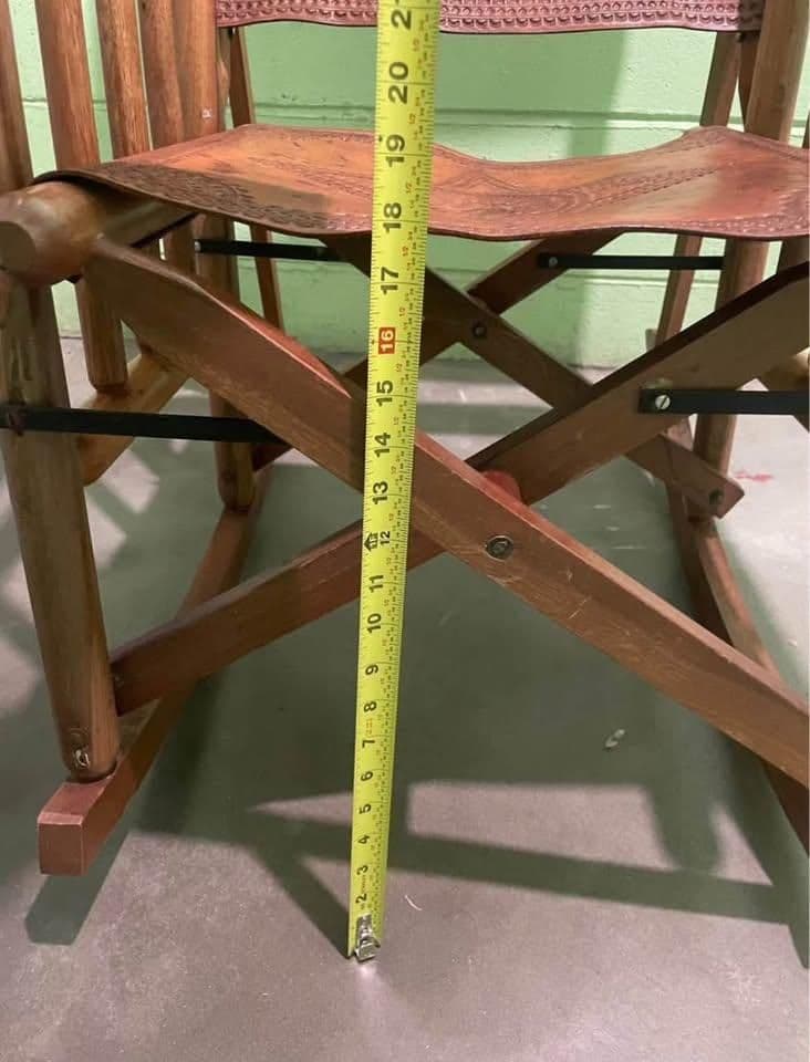 Late 20th Century Costa Rican Vintage Teak and Embossed Leather Folding Rocking Chairs - A Pair - Thumbnail 10