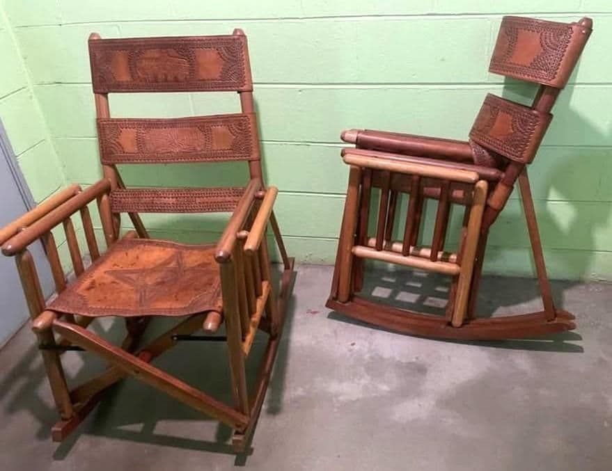 Late 20th Century Costa Rican Vintage Teak and Embossed Leather Folding Rocking Chairs - A Pair - Thumbnail 8
