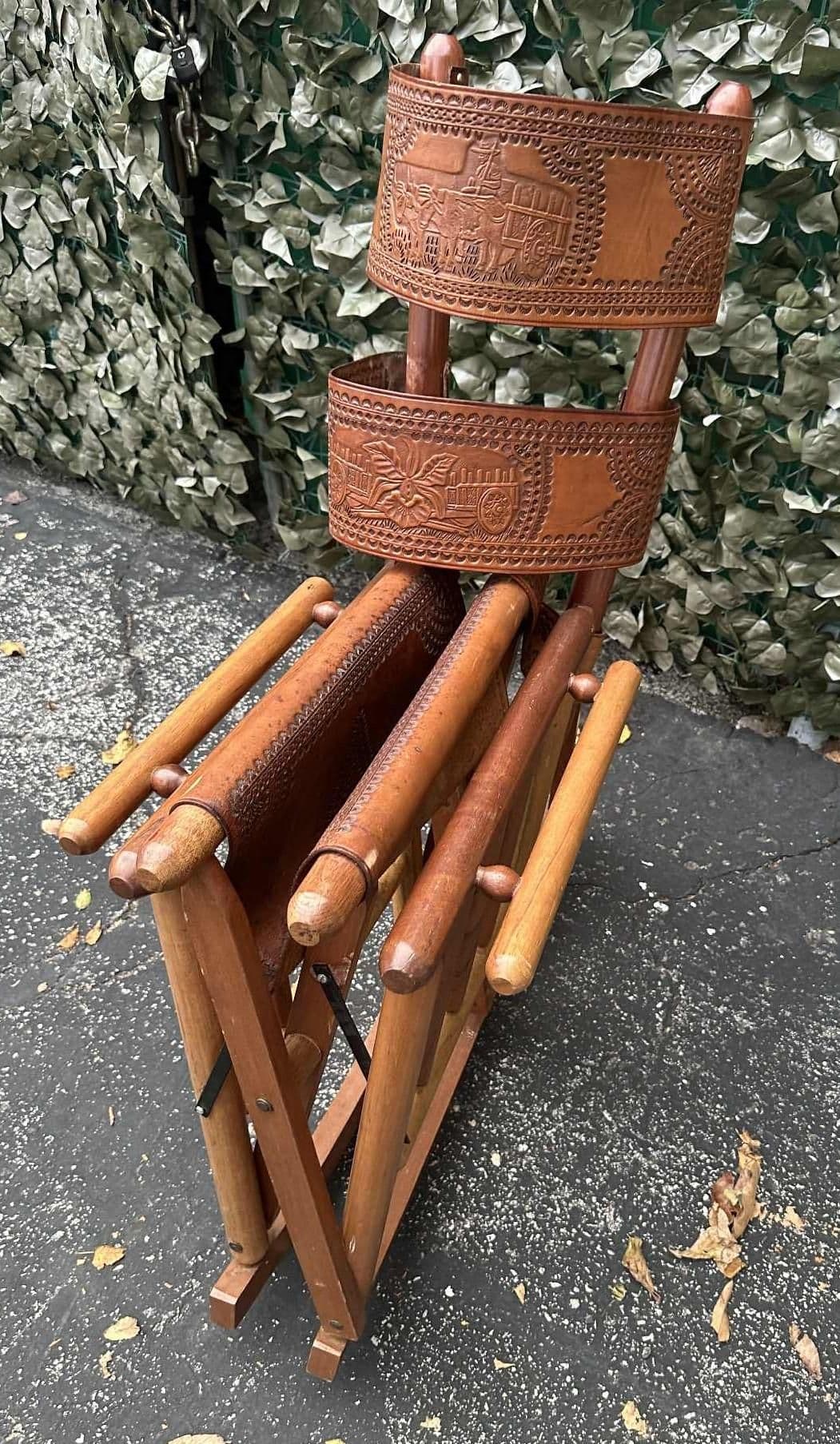 Late 20th Century Costa Rican Vintage Teak and Embossed Leather Folding Rocking Chairs - A Pair - Thumbnail 7