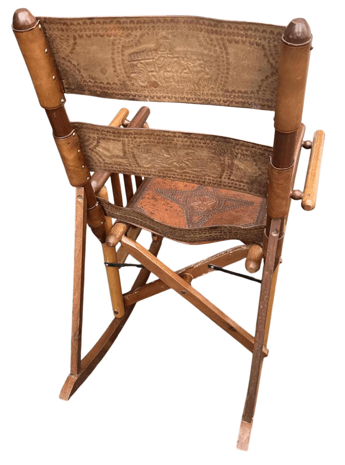 Late 20th Century Costa Rican Vintage Teak and Embossed Leather Folding Rocking Chairs - A Pair - Thumbnail 6