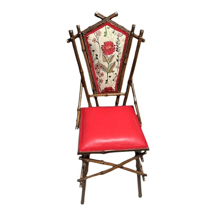Antique Anglo-Indian Bamboo Campaign Chair With New Leather and Embroidered Upholstery - Late 19th Century - Thumbnail 2