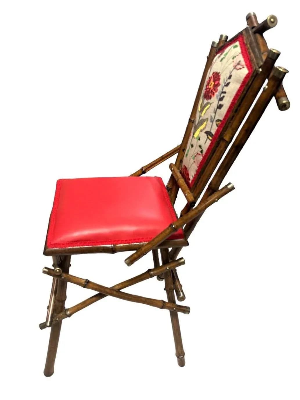 Antique Anglo-Indian Bamboo Campaign Chair With New Leather and Embroidered Upholstery - Late 19th Century - Thumbnail 3