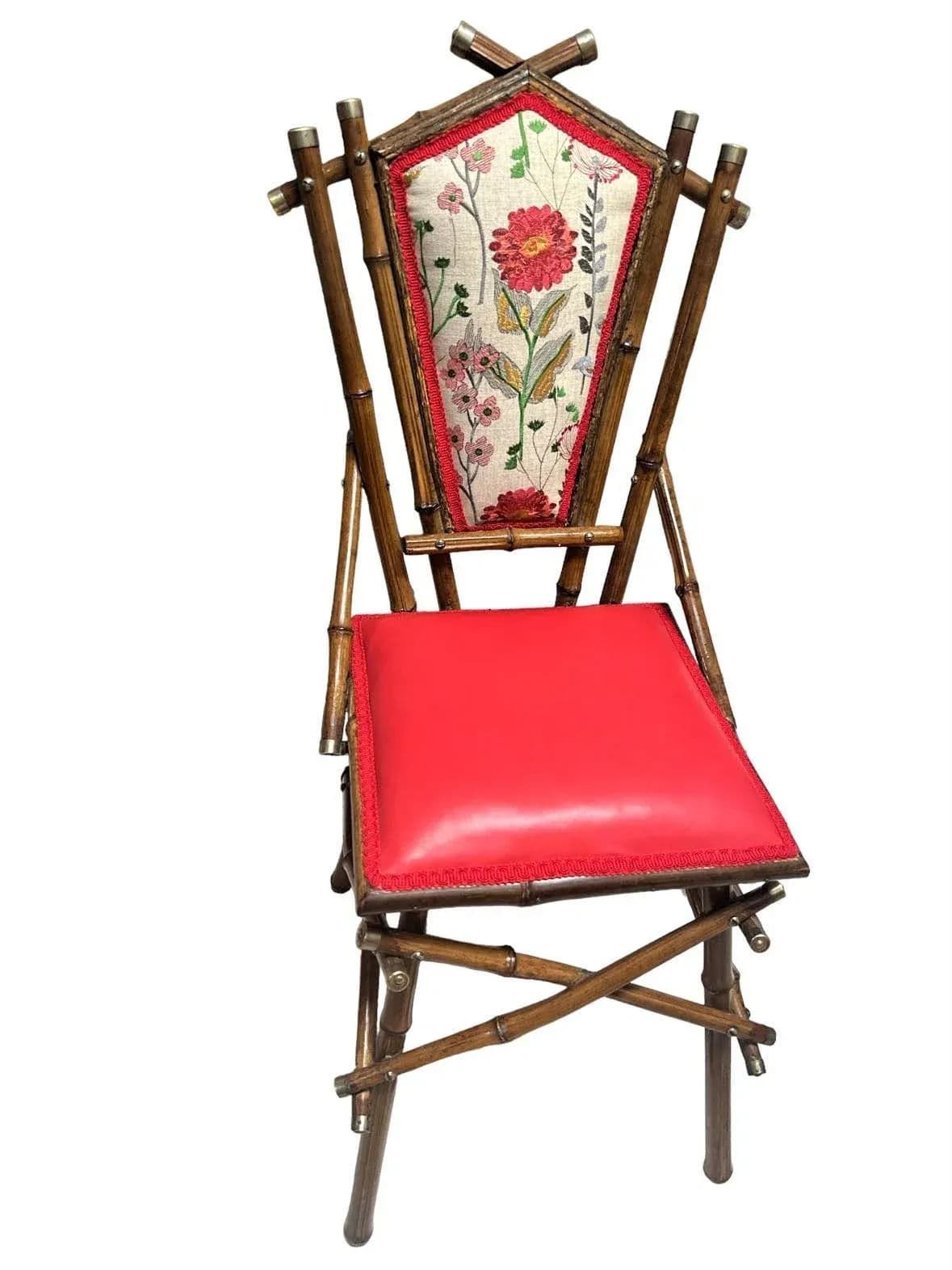 Antique Anglo-Indian Bamboo Campaign Chair With New Leather and Embroidered Upholstery - Late 19th Century - Thumbnail 6