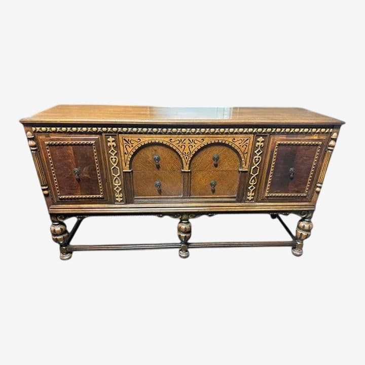 Antique 1920s Moorish Spanish Revival Walnut and Burlwood 66" Buffet Credenza - Image 1