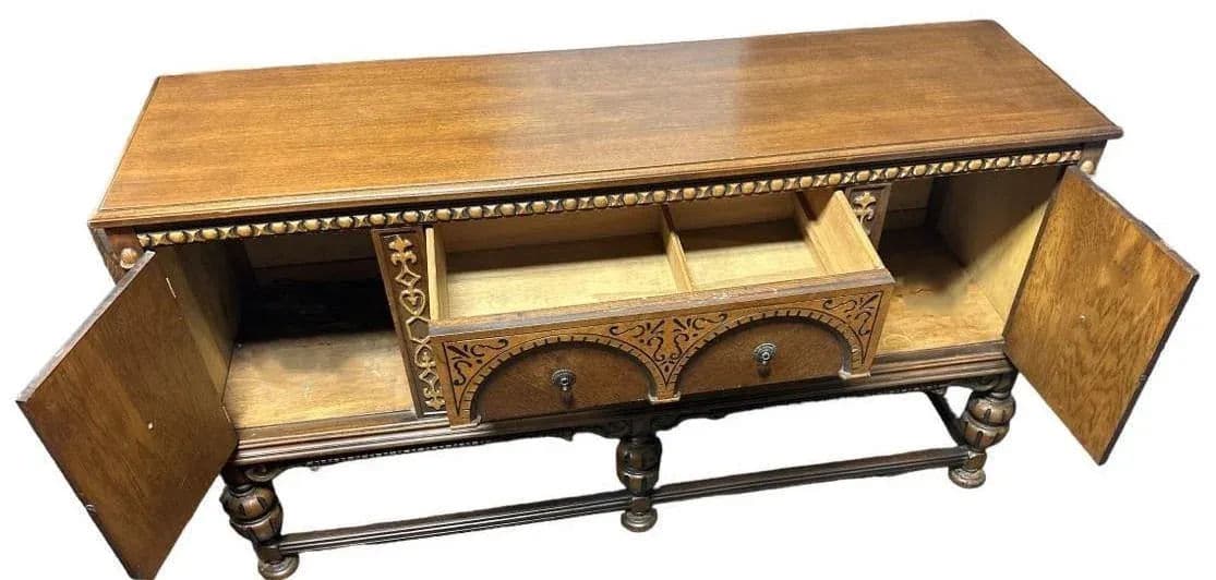 Antique 1920s Moorish Spanish Revival Walnut and Burlwood 66" Buffet Credenza - Thumbnail 4