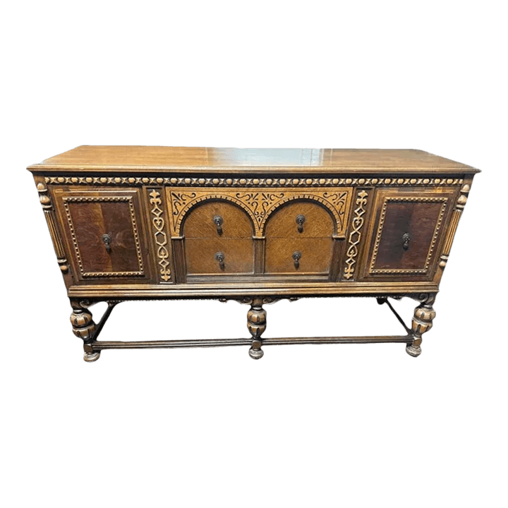 Antique 1920s Moorish Spanish Revival Walnut and Burlwood 66" Buffet Credenza - Thumbnail 2