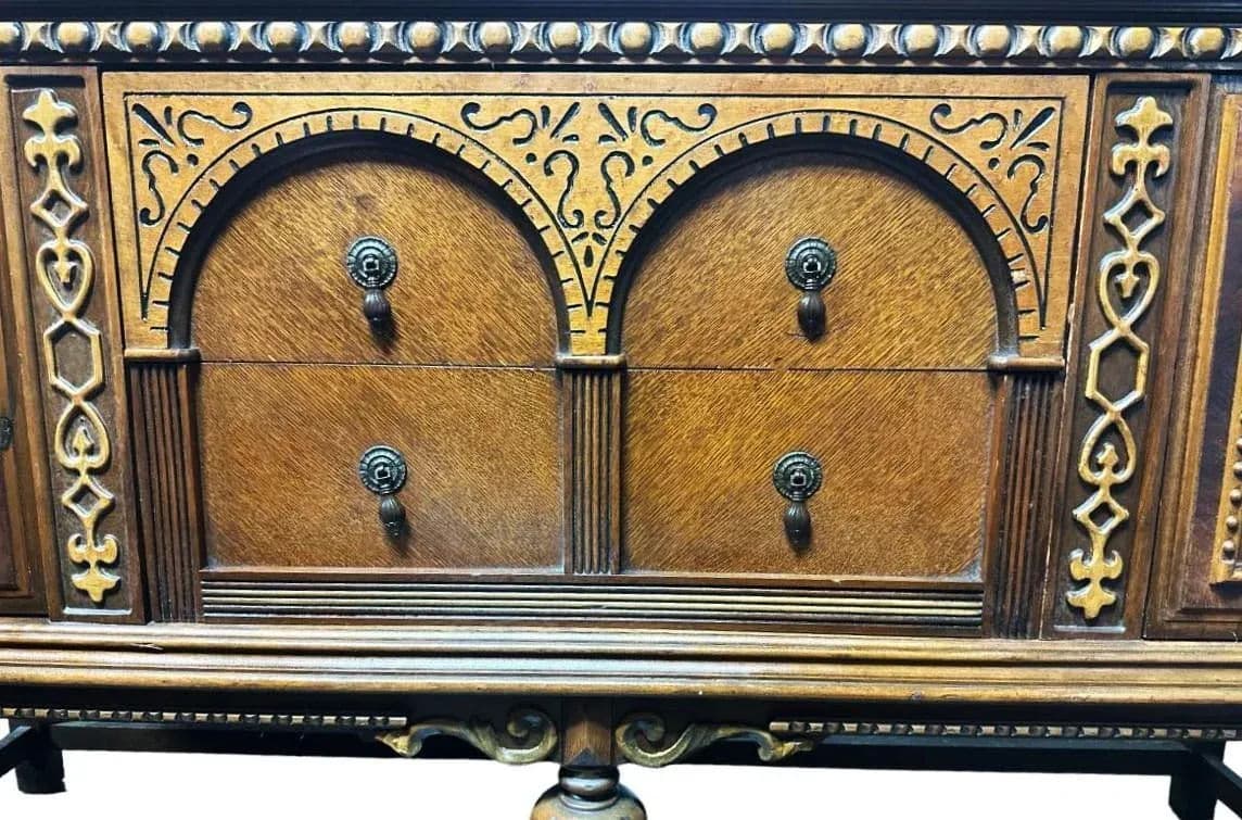 Antique 1920s Moorish Spanish Revival Walnut and Burlwood 66" Buffet Credenza - Thumbnail 3