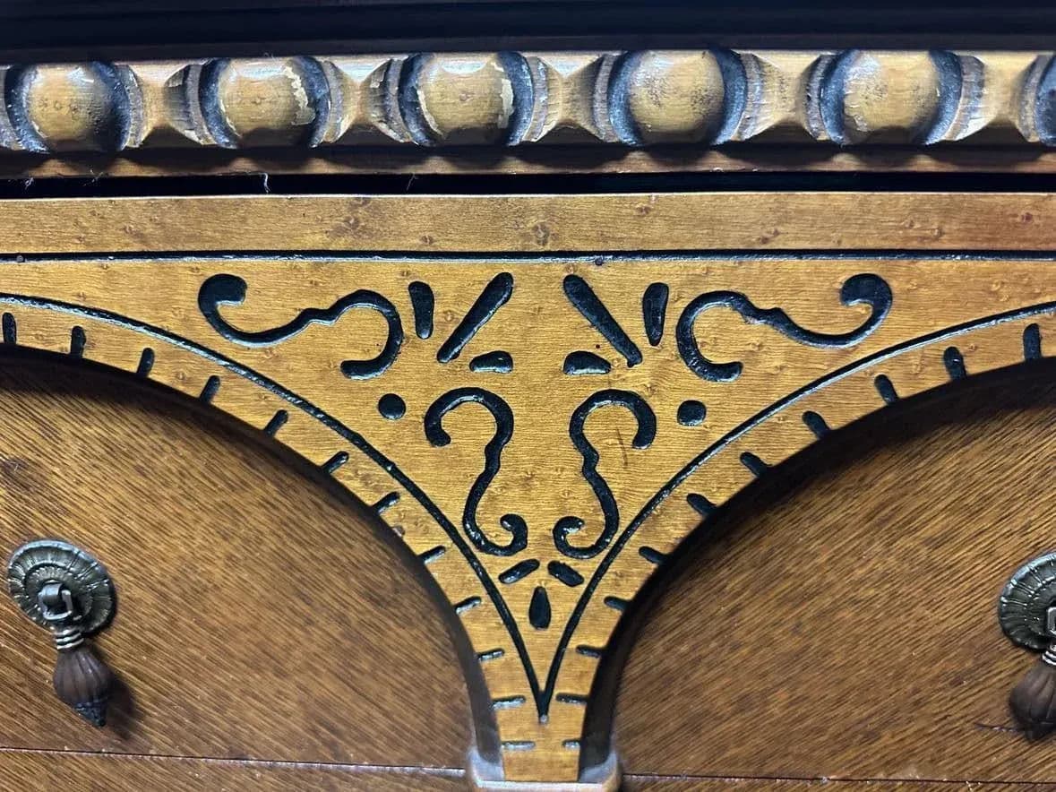 Antique 1920s Moorish Spanish Revival Walnut and Burlwood 66" Buffet Credenza - Thumbnail 9