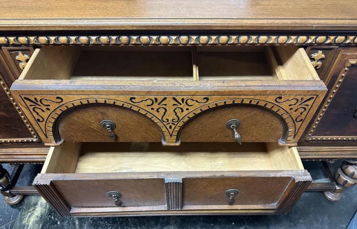 Antique 1920s Moorish Spanish Revival Walnut and Burlwood 66" Buffet Credenza - Thumbnail 8