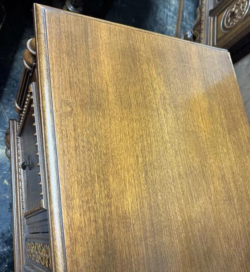 Antique 1920s Moorish Spanish Revival Walnut and Burlwood 66" Buffet Credenza - Thumbnail 6