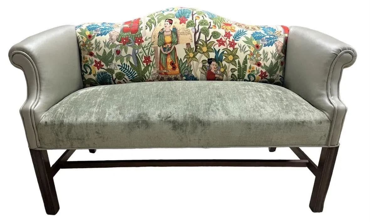 Pair of Chippendale Camelback Settees in ‘Frida’s Garden’ Chintz and Celadon Leather and Velvet - Thumbnail 4
