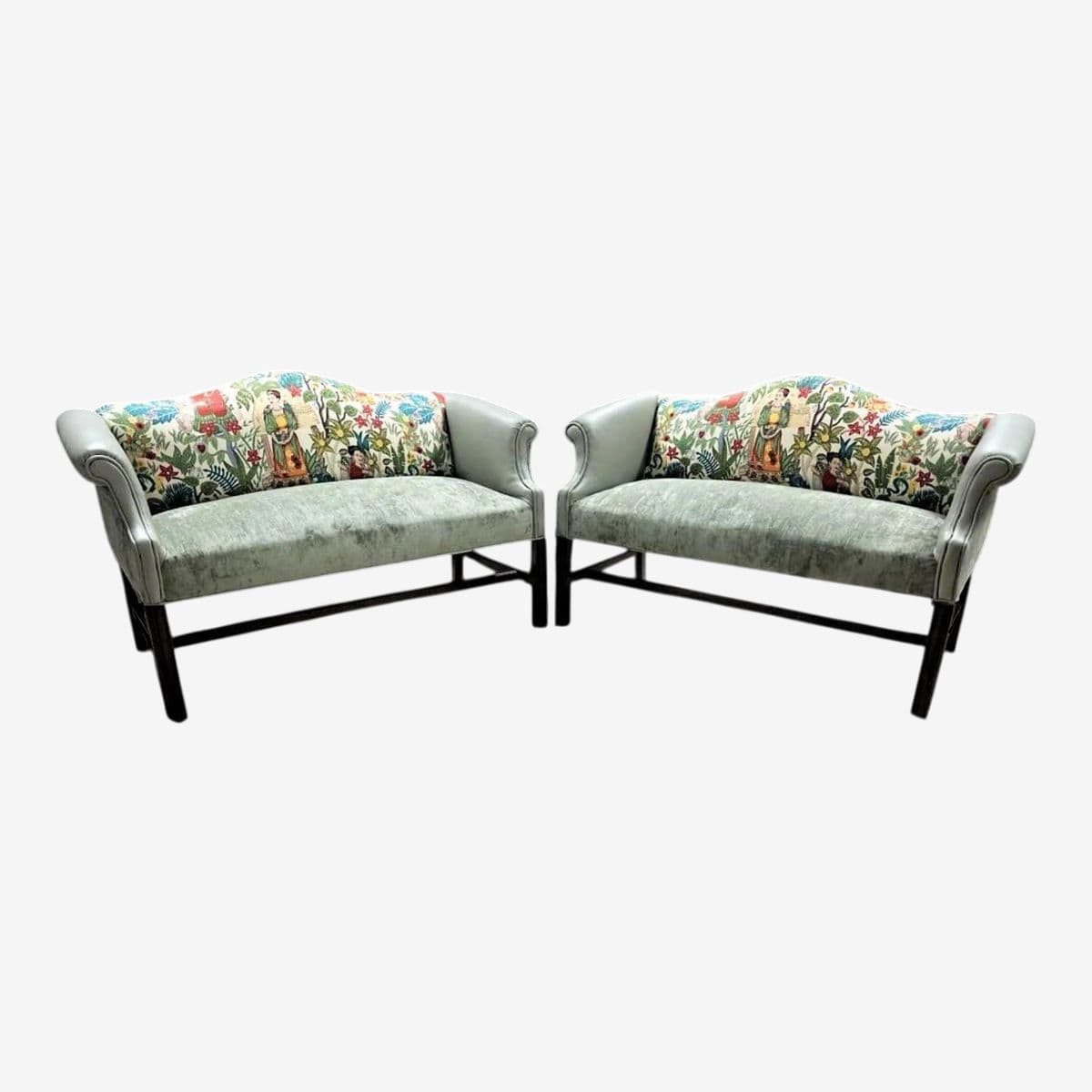 Pair of Chippendale Camelback Settees in ‘Frida’s Garden’ Chintz and Celadon Leather and Velvet - Image 1