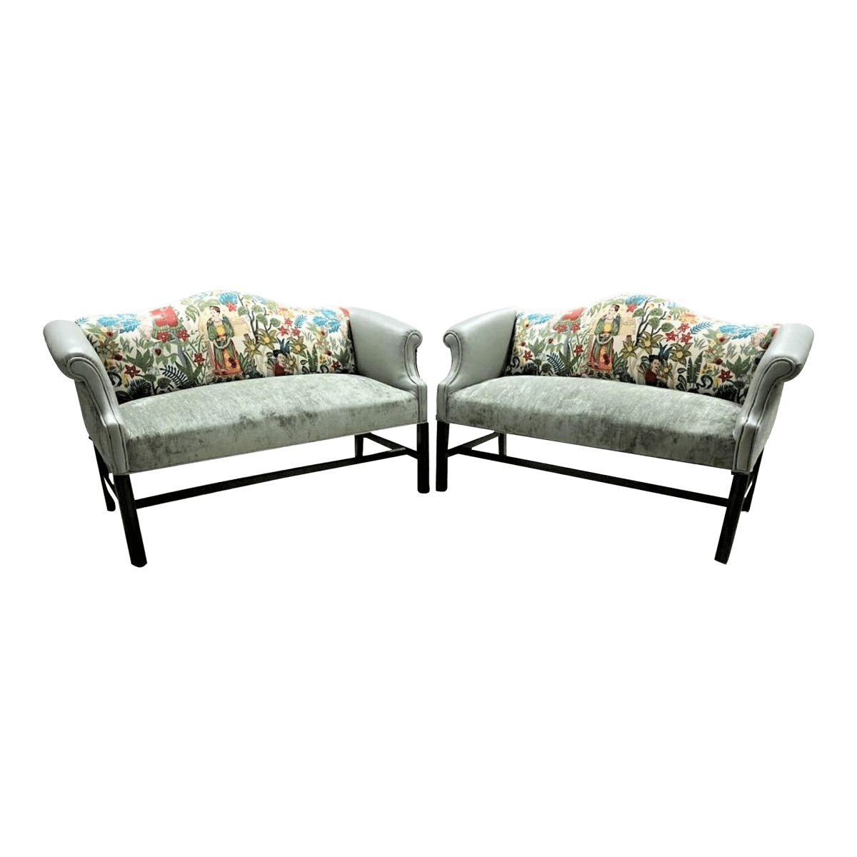 Pair of Chippendale Camelback Settees in ‘Frida’s Garden’ Chintz and Celadon Leather and Velvet - Thumbnail 2