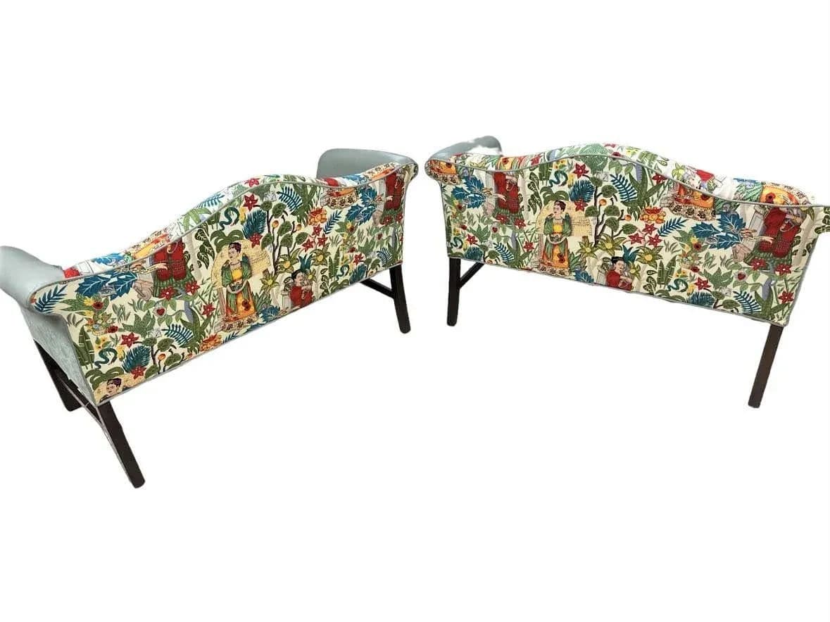 Pair of Chippendale Camelback Settees in ‘Frida’s Garden’ Chintz and Celadon Leather and Velvet - Thumbnail 5