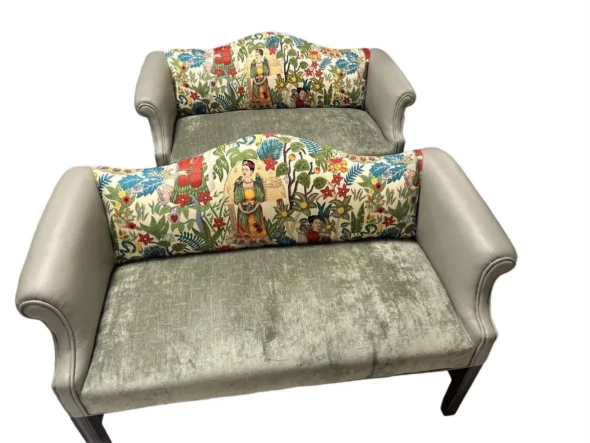Pair of Chippendale Camelback Settees in ‘Frida’s Garden’ Chintz and Celadon Leather and Velvet - Thumbnail 6