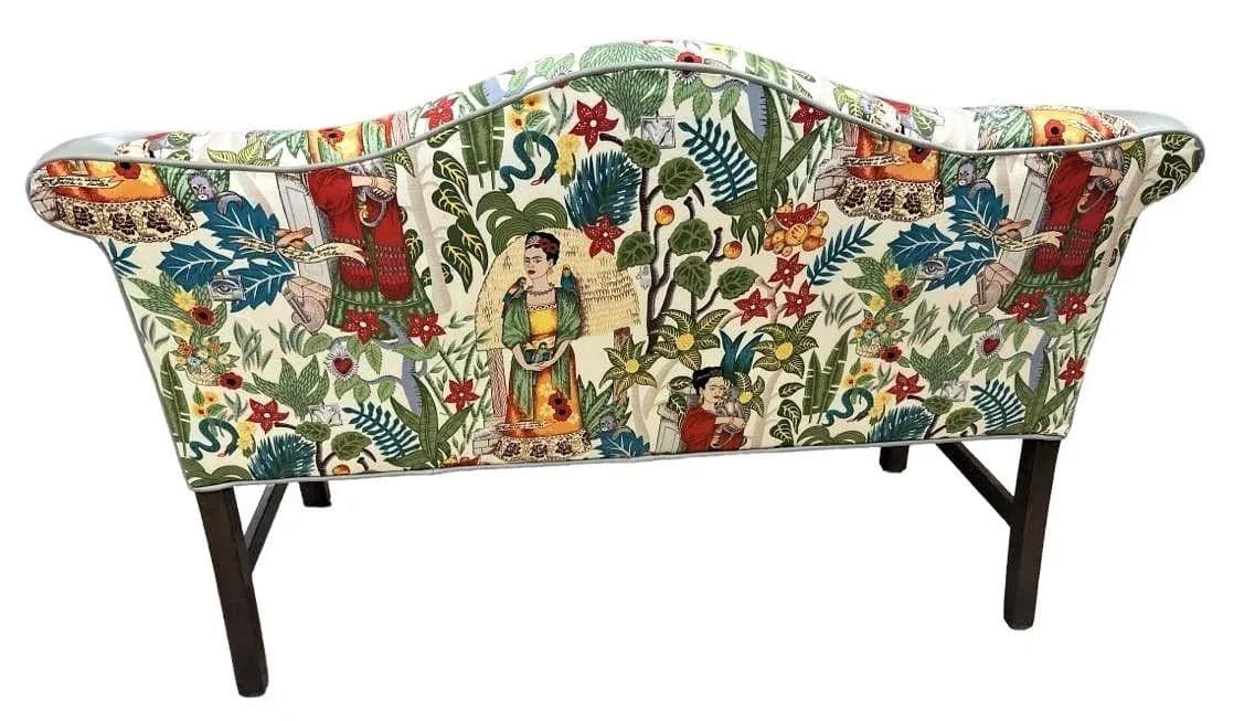 Pair of Chippendale Camelback Settees in ‘Frida’s Garden’ Chintz and Celadon Leather and Velvet - Thumbnail 3