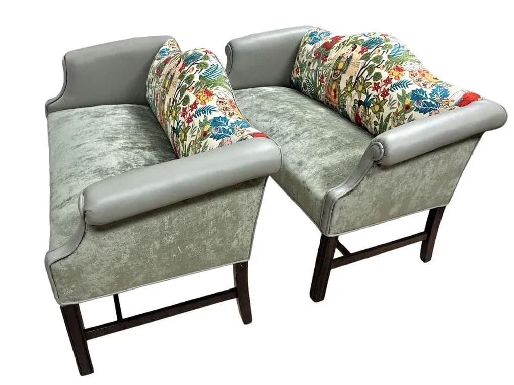 Pair of Chippendale Camelback Settees in ‘Frida’s Garden’ Chintz and Celadon Leather and Velvet - Thumbnail 7