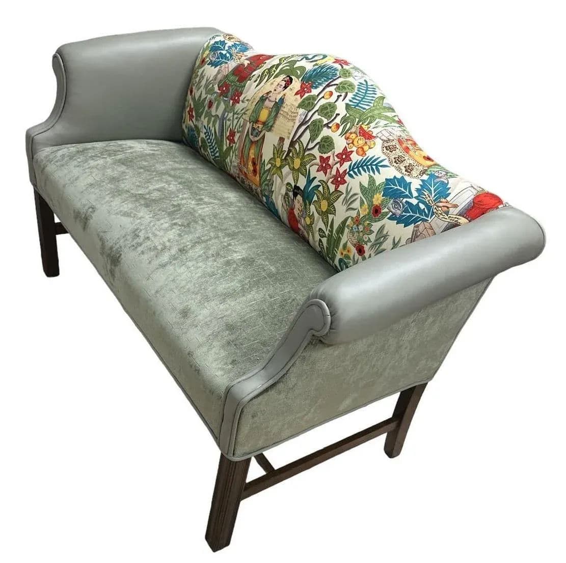 Pair of Chippendale Camelback Settees in ‘Frida’s Garden’ Chintz and Celadon Leather and Velvet - Thumbnail 8