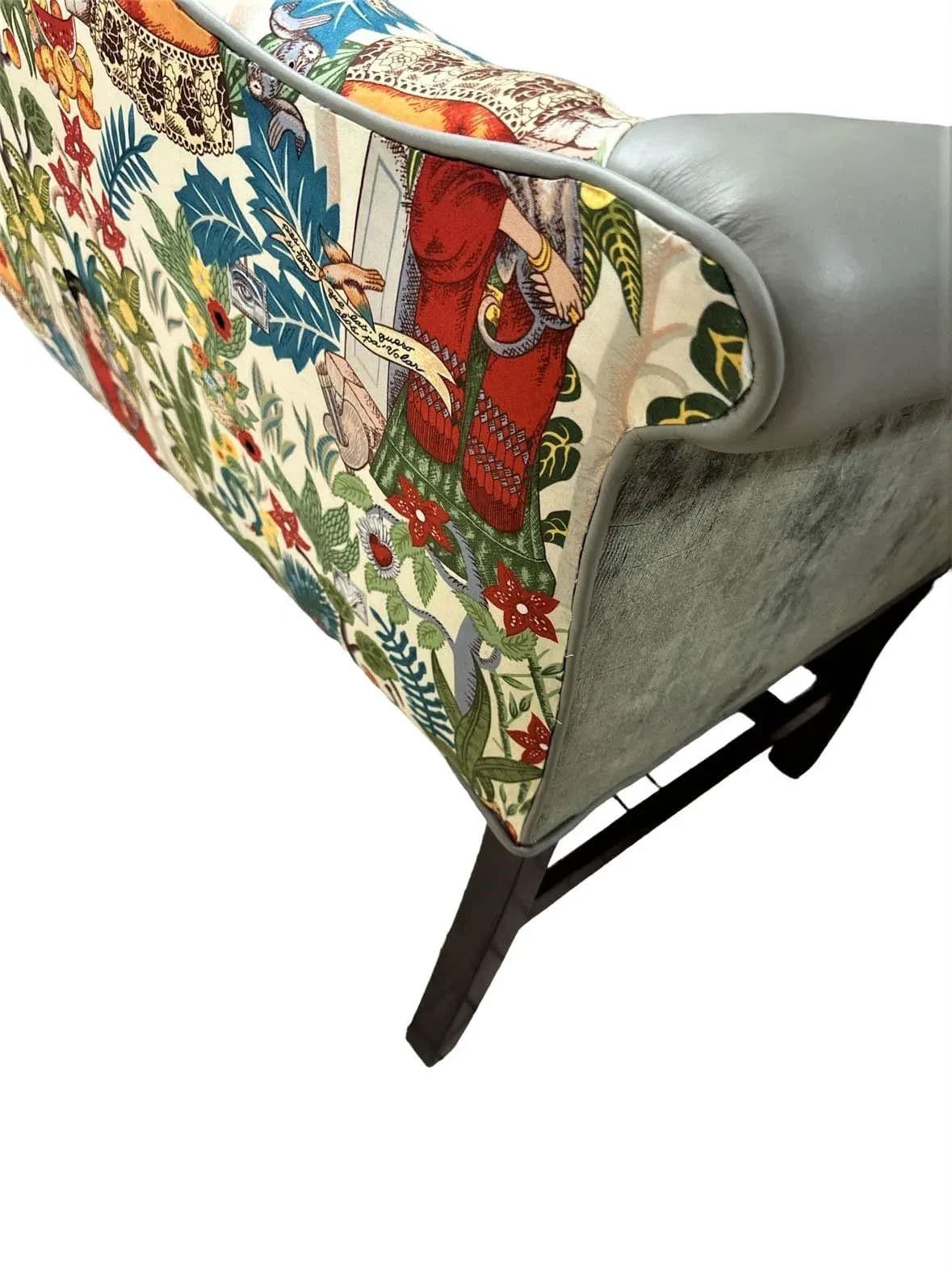 Pair of Chippendale Camelback Settees in ‘Frida’s Garden’ Chintz and Celadon Leather and Velvet - Thumbnail 9