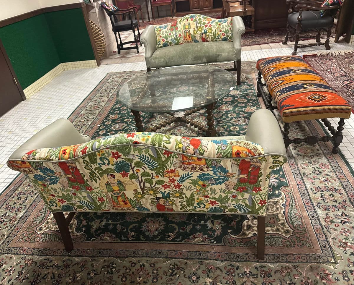 Pair of Chippendale Camelback Settees in ‘Frida’s Garden’ Chintz and Celadon Leather and Velvet - Thumbnail 14