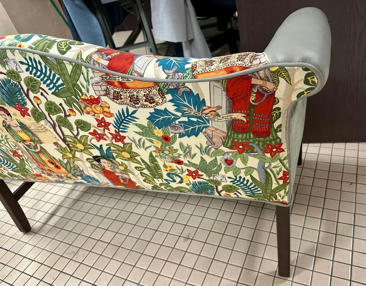 Pair of Chippendale Camelback Settees in ‘Frida’s Garden’ Chintz and Celadon Leather and Velvet - Thumbnail 11