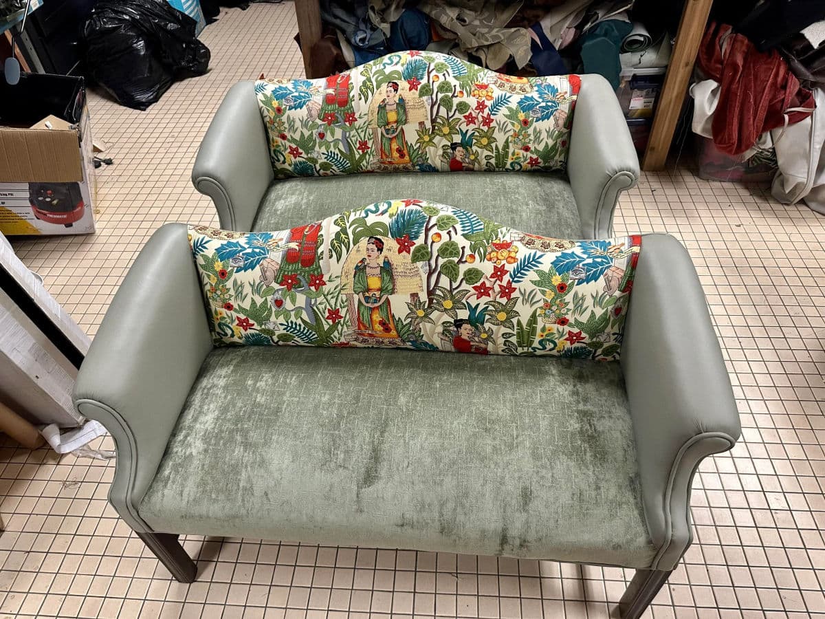 Pair of Chippendale Camelback Settees in ‘Frida’s Garden’ Chintz and Celadon Leather and Velvet - Thumbnail 12