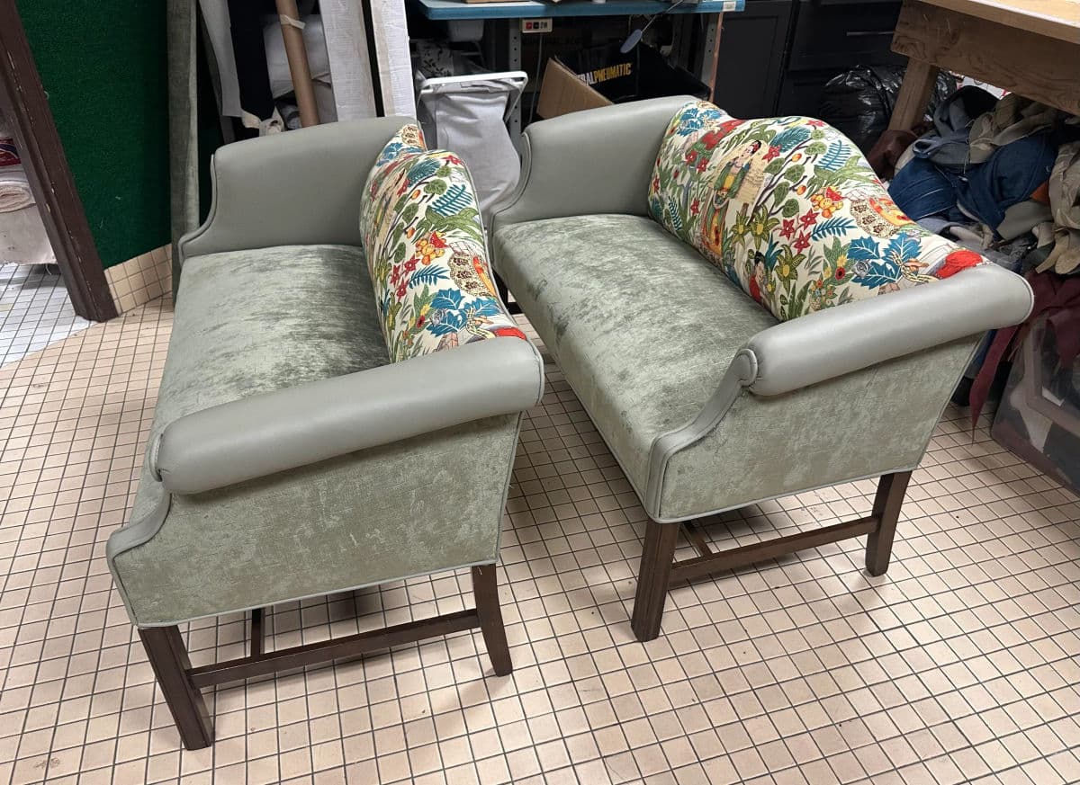 Pair of Chippendale Camelback Settees in ‘Frida’s Garden’ Chintz and Celadon Leather and Velvet - Thumbnail 13