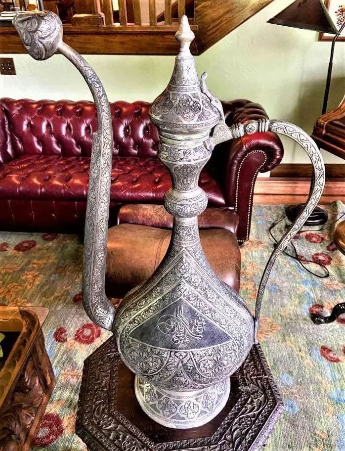Antique Large Turkish Islamic Pewter Engraved Ewer - Early 20th Century - Thumbnail 5