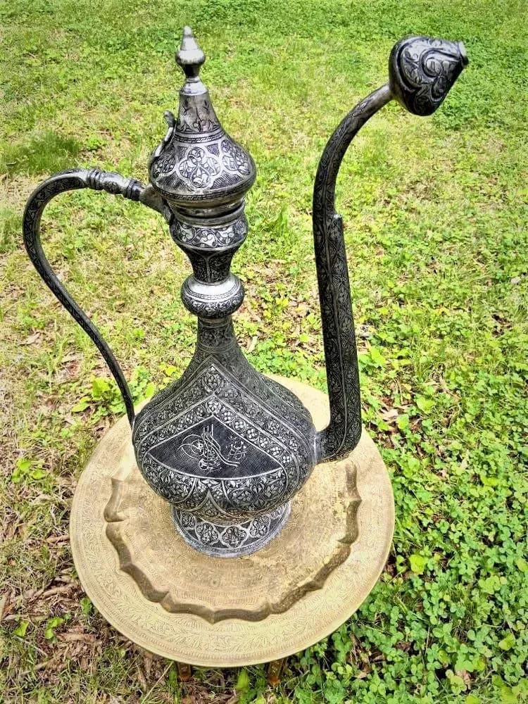 Antique Large Turkish Islamic Pewter Engraved Ewer - Early 20th Century - Thumbnail 6
