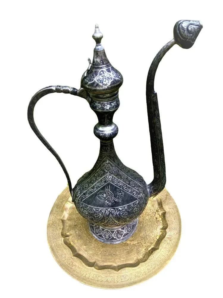 Antique Large Turkish Islamic Pewter Engraved Ewer - Early 20th Century - Thumbnail 11