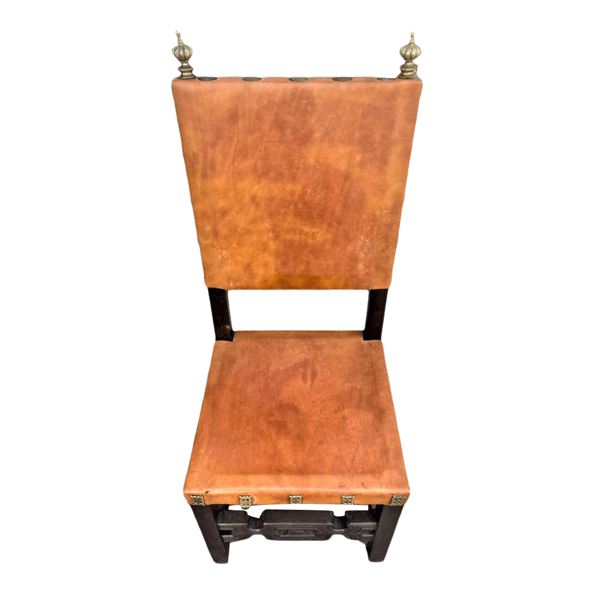 Artes De México Internacionales Accent Chair in Cognac Saddle Leather With Brass Finials - Vintage 1960s - Thumbnail 4