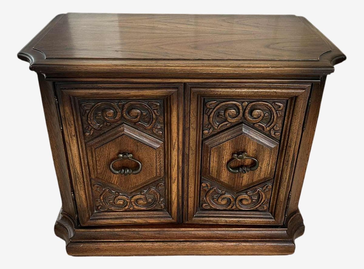 Spanish Colonial Revival Vintage Carved Solid Oak Nightstand Crafted in North Carolina by United Furniture - Image 1