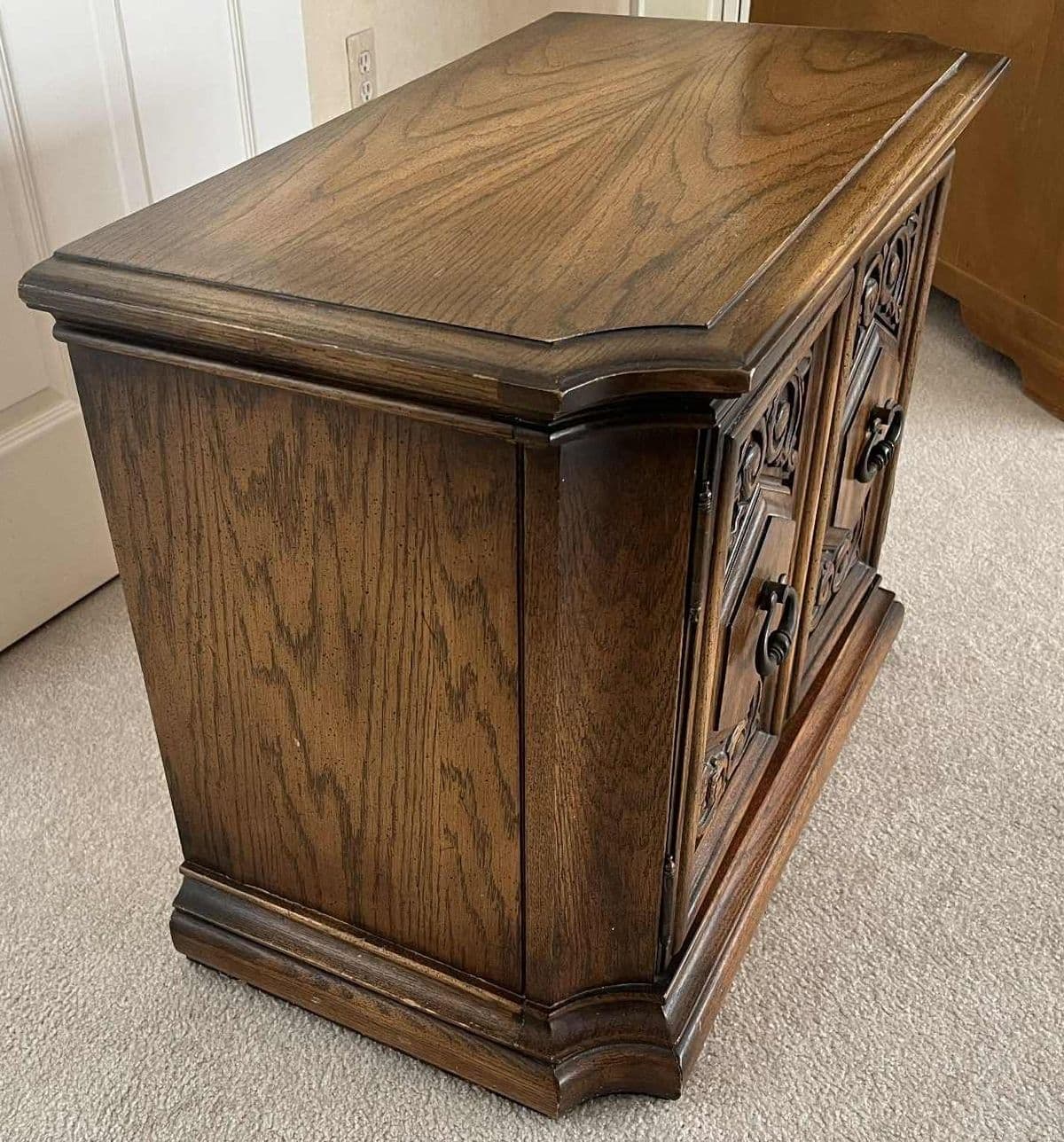 Spanish Colonial Revival Vintage Carved Solid Oak Nightstand Crafted in North Carolina by United Furniture - Thumbnail 5