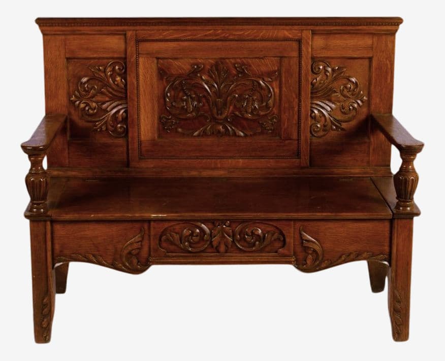 Antique Edwardian Carved High Back Monk's Bench With Storage - Image 1