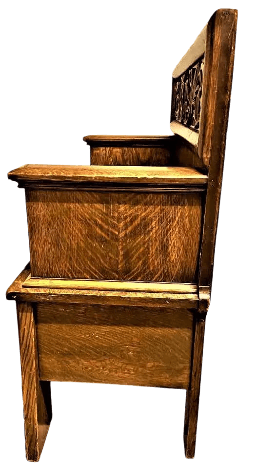 Antique William Morris Style English Arts & Crafts Movement Oak Carved High Back Monk's Bench - Thumbnail 3