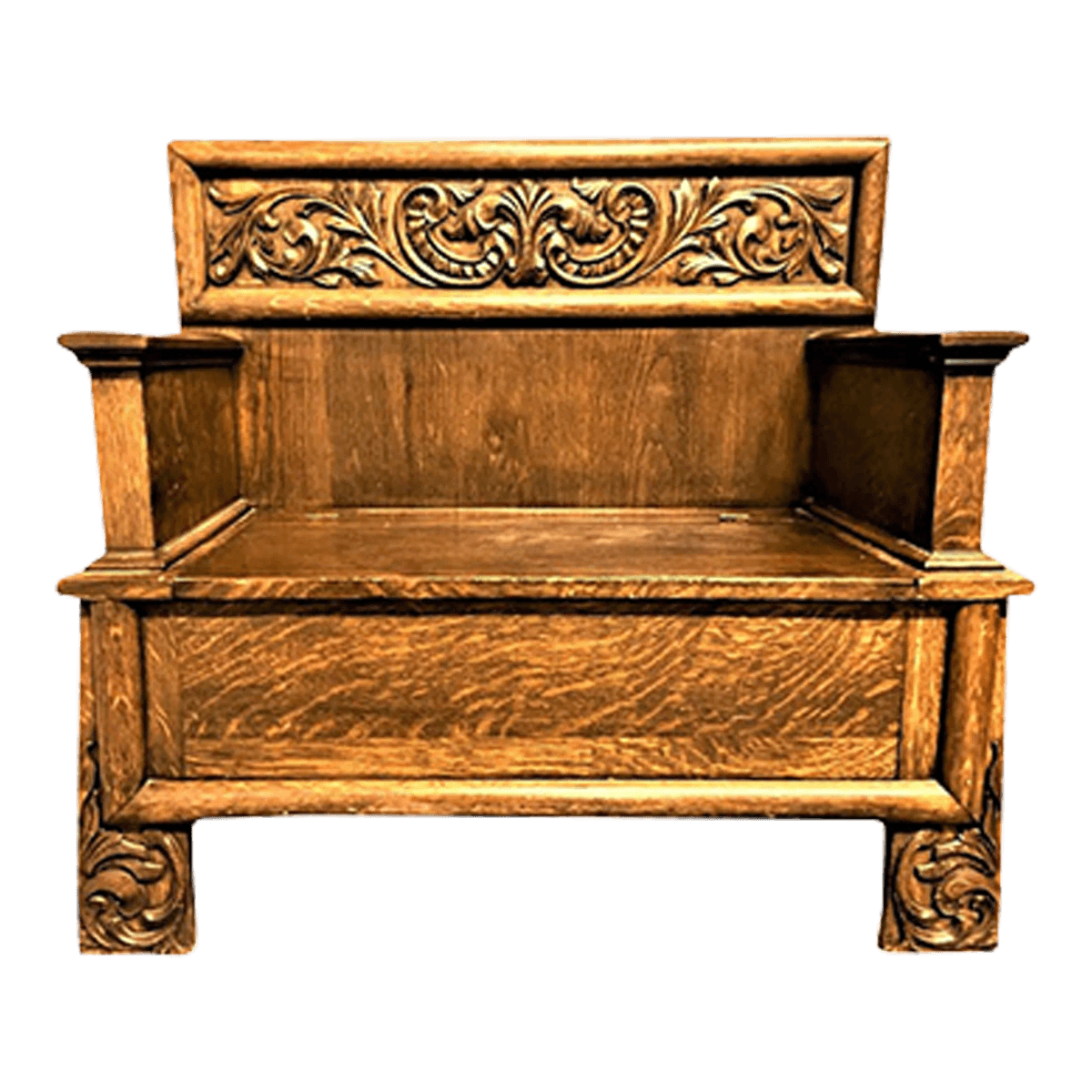 Antique William Morris Style English Arts & Crafts Movement Oak Carved High Back Monk's Bench - Thumbnail 2