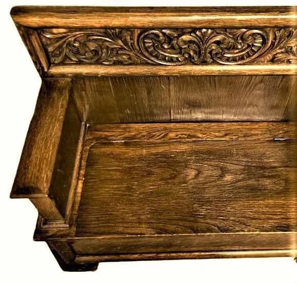 Antique William Morris Style English Arts & Crafts Movement Oak Carved High Back Monk's Bench - Thumbnail 7