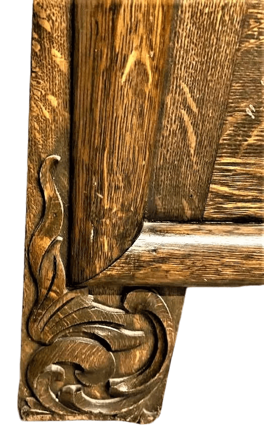 Antique William Morris Style English Arts & Crafts Movement Oak Carved High Back Monk's Bench - Thumbnail 6