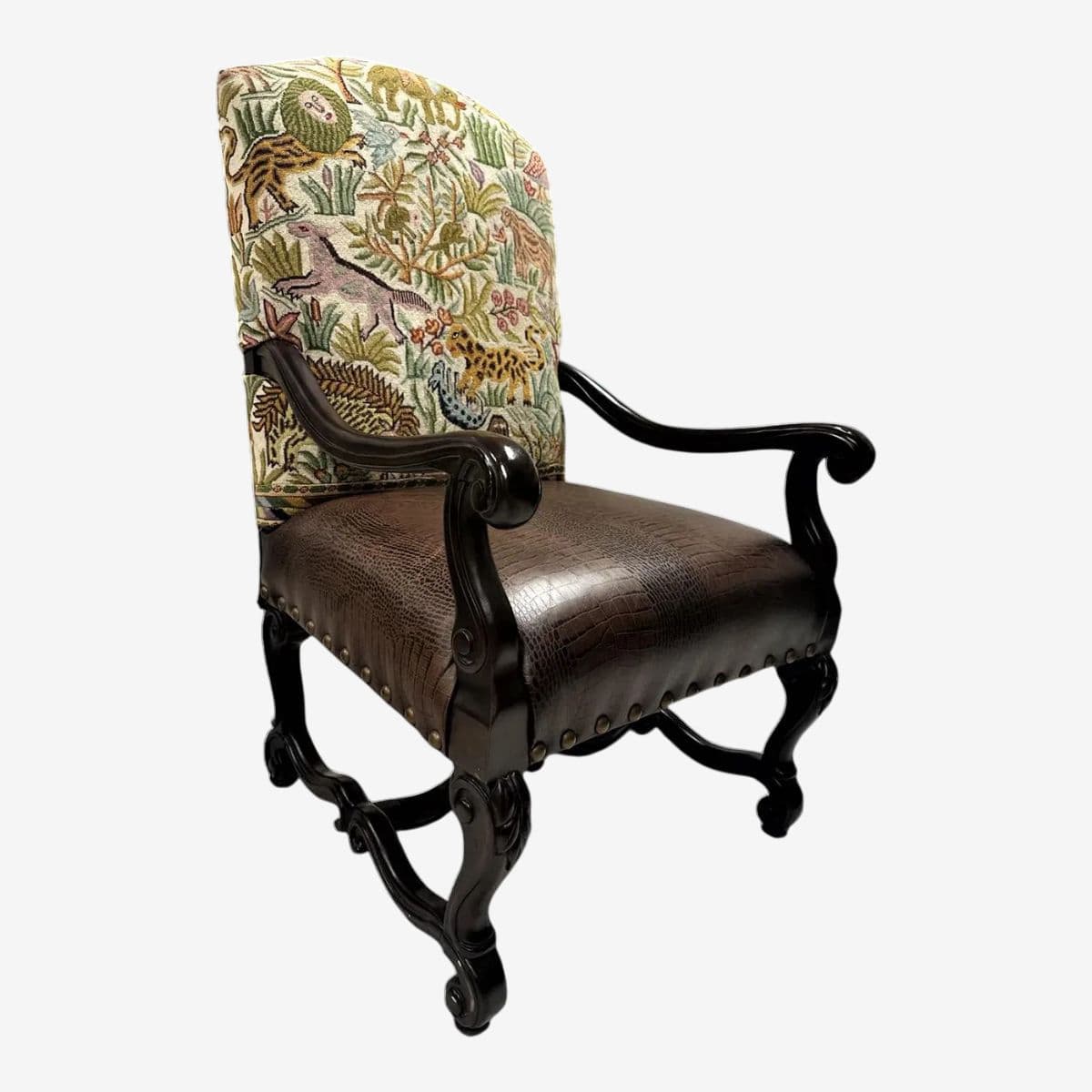Hacienda Chair Upholstered With Jungle Animals Tapestry and Embossed Cowskin - Image 1