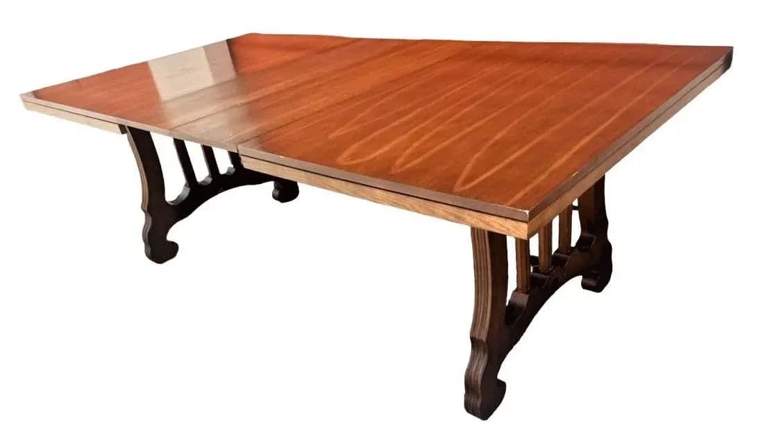 Spanish Style Lyre Leg Pecan Dining Table - Vintage Mid 20th Century - Thumbnail 11