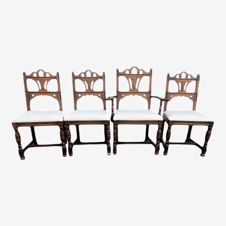 Antique Spanish Revival Solid Walnut Dining Chairs With New Kravet Upholstery - Set of 4 - Early 20th Century - Image 1