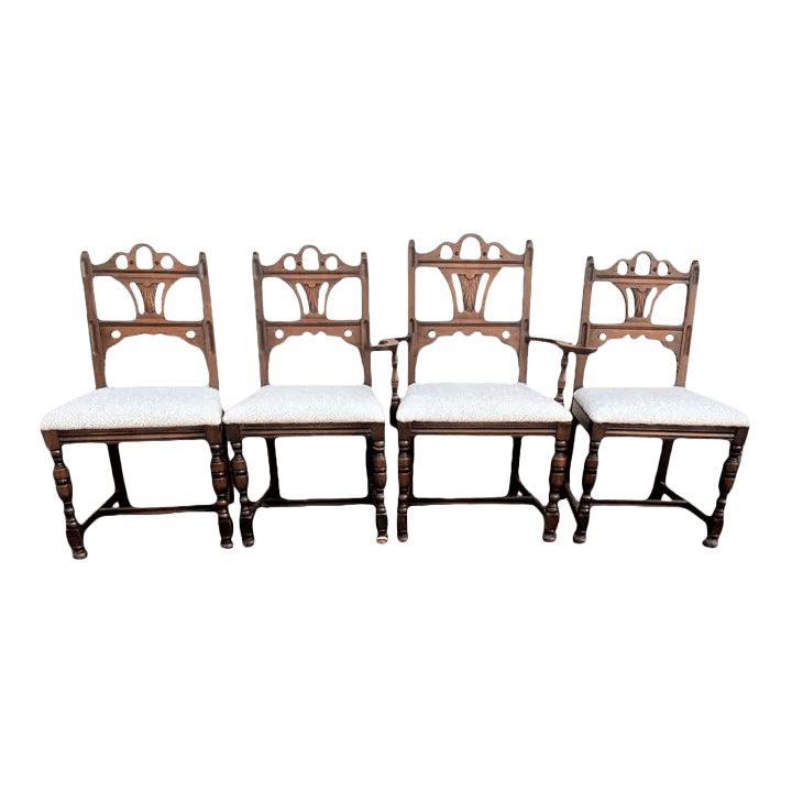 Antique Spanish Revival Solid Walnut Dining Chairs With New Kravet Upholstery - Set of 4 - Early 20th Century - Thumbnail 2