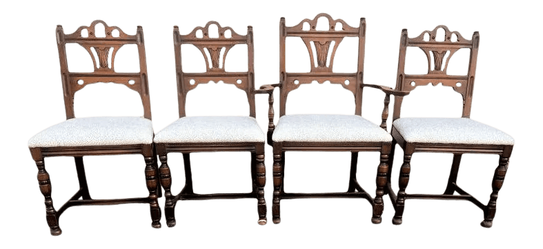 Antique Spanish Revival Solid Walnut Dining Chairs With New Kravet Upholstery - Set of 4 - Early 20th Century - Thumbnail 9