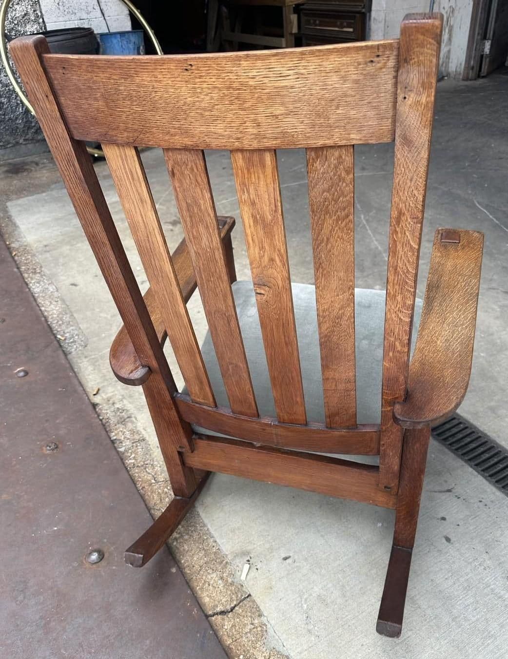 Antique Stickley Brothers Grand Rapids Mission Oak Rocking Chair With New Mohair Upholstery - Circa 1900 - Thumbnail 4