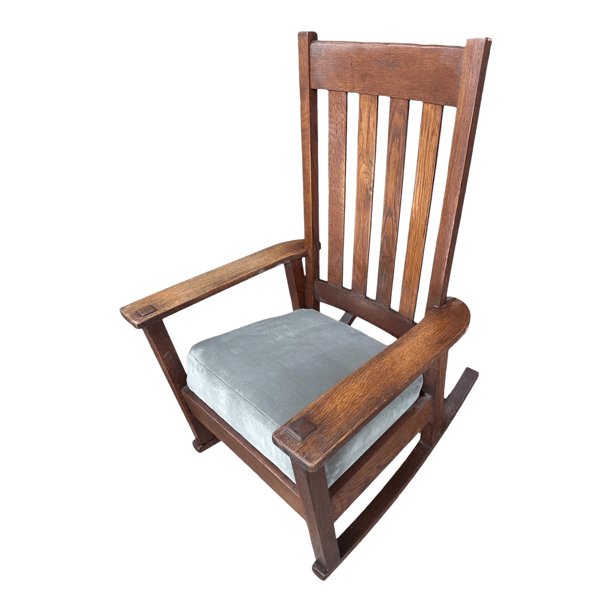 Antique Stickley Brothers Grand Rapids Mission Oak Rocking Chair With New Mohair Upholstery - Circa 1900 - Thumbnail 2