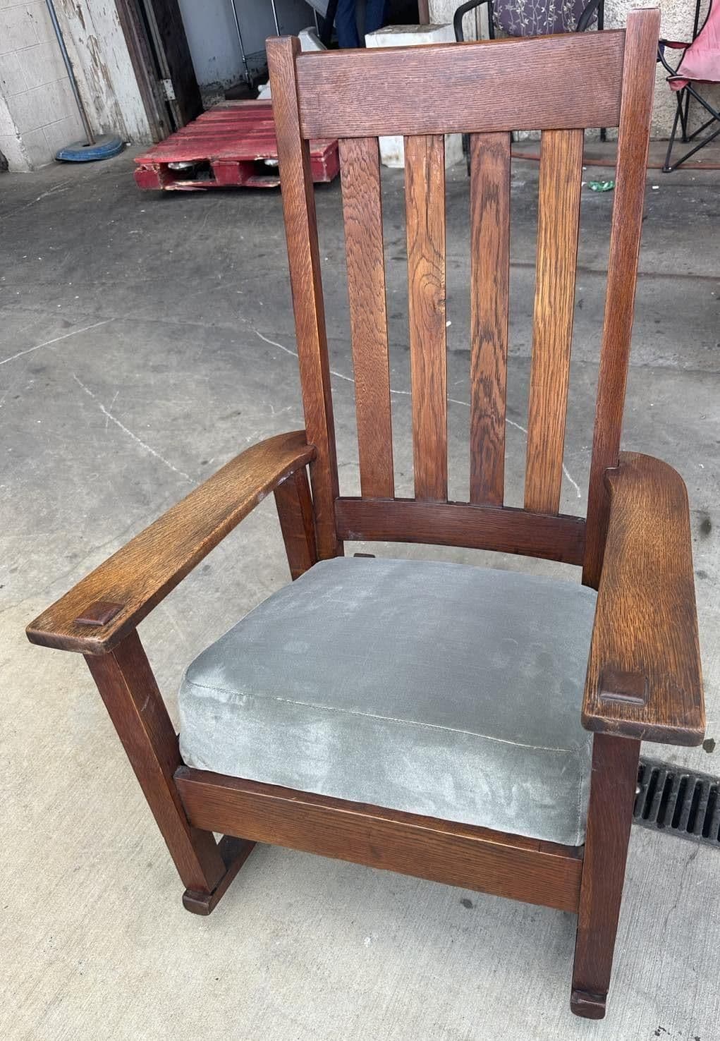 Antique Stickley Brothers Grand Rapids Mission Oak Rocking Chair With New Mohair Upholstery - Circa 1900 - Thumbnail 5