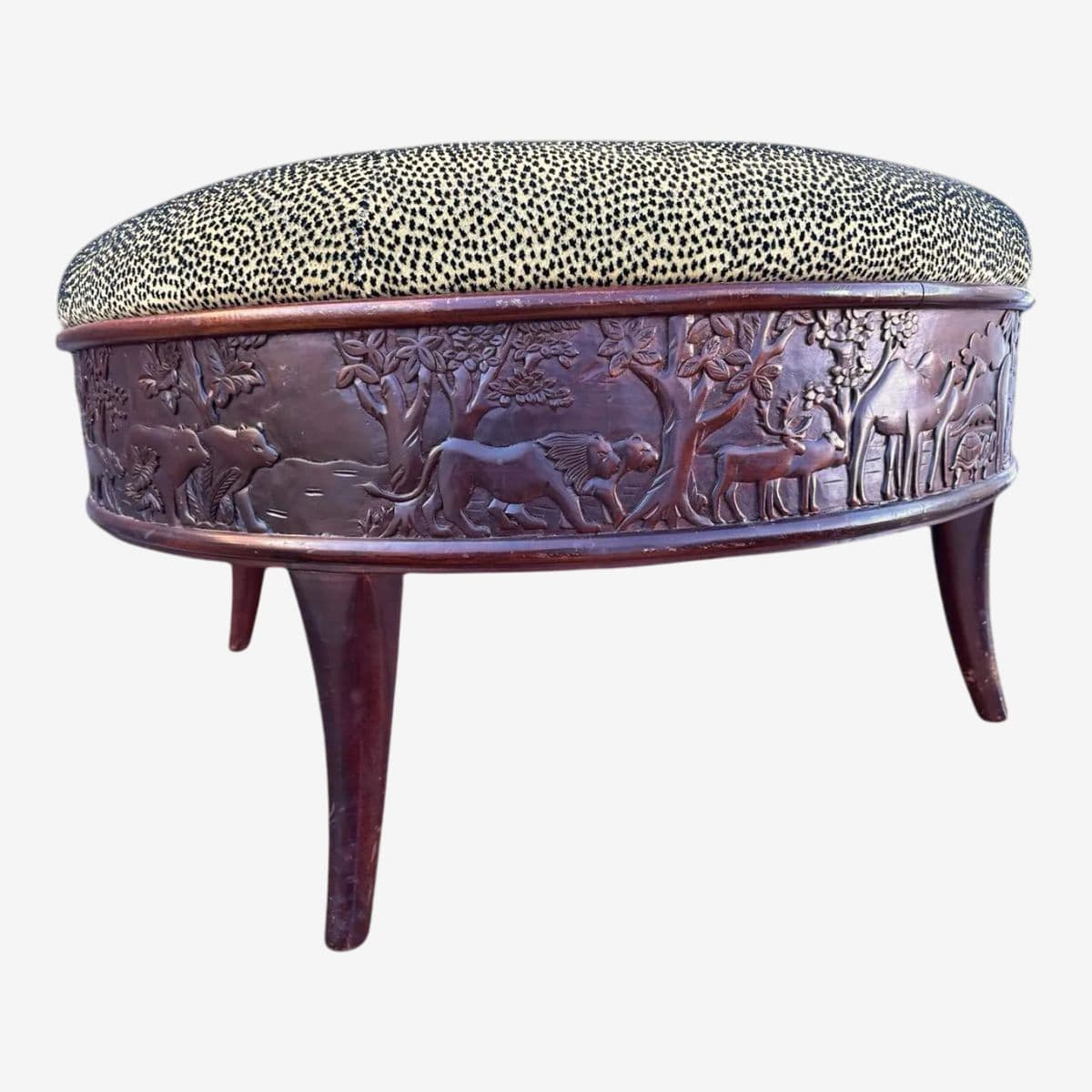 Sam Moore Safari Round Cocktail Ottoman With Carved Teakwood Frame and Cheetah Print Upholstery - Image 1